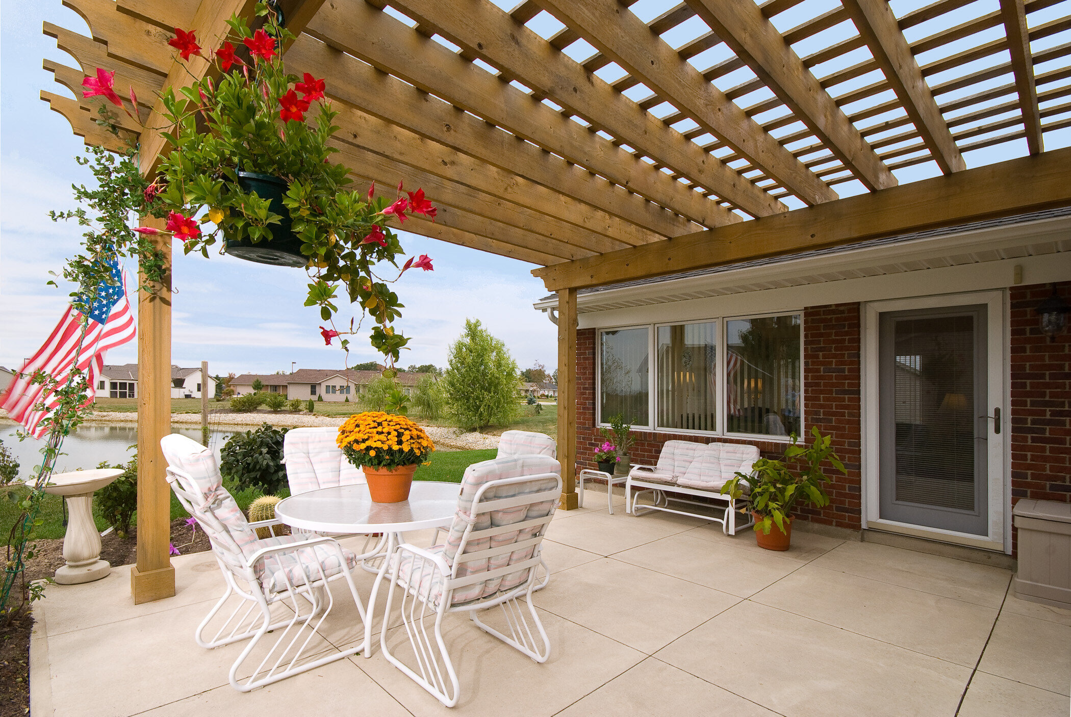 Ranch Home Patio overlooking a pond